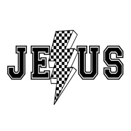 JESUS lightning bolt with checkerboard pattern 5"L x 3.5"H