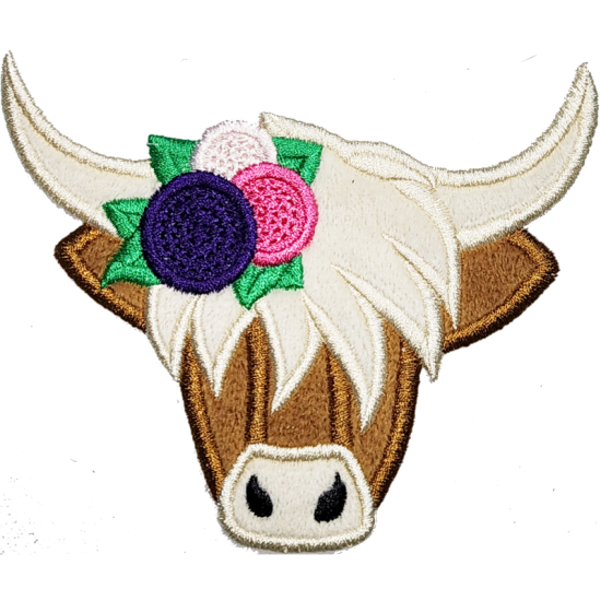 Tan White Brown Purple Pink Green Black Outline Highland Cow with Flower Crown I/O