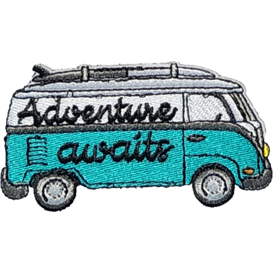 White Teal Black Outline Van with Text Adventure Awaits I/O