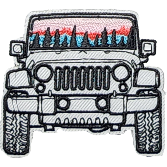 White Pink Red Blue Black Outline Jeep with Mountain Scene I/O