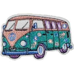 Tan Teal Purple White Outline Hippie Van with Peace Symbol I/O