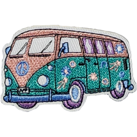 Tan Teal Purple White Outline Hippie Van with Peace Symbol I/O