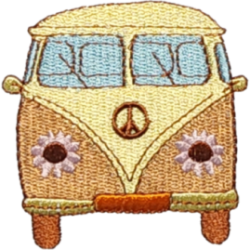 Yellow Blue Brown White Outline Bus with Peace Sign I/O