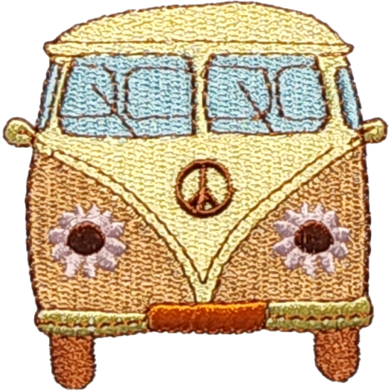 Yellow Blue Brown White Outline Bus with Peace Sign I/O
