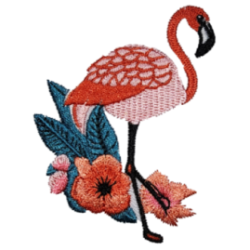 Coral Pink Blue Black Outline Flamingo with Floral Accents I/O