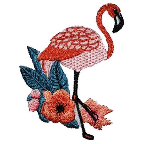 Coral Pink Blue Black Outline Flamingo with Floral Accents I/O