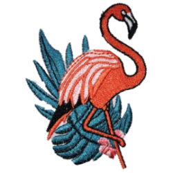 Orange White Blue Black Outline Flamingo with Floral Leaves I/O