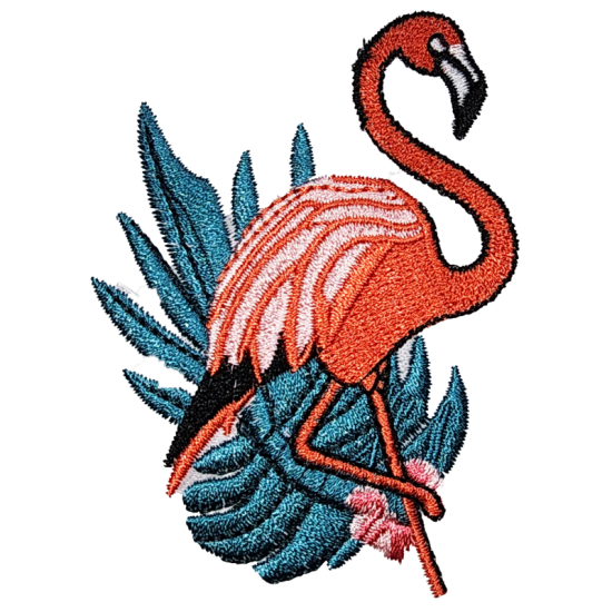 Orange White Blue Black Outline Flamingo with Floral Leaves I/O