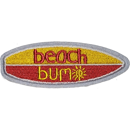 Yellow Red Gray Outline Surfboard with Text Beach Bum I/O