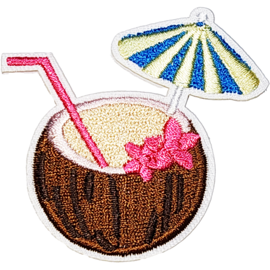 Brown Cream Pink Blue Green Striped Outline Coconut with Straw and Flowers I/O