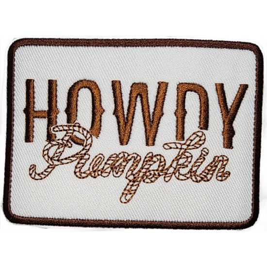 White Brown Outline Patch with Text Howdy Pumpkin I/O