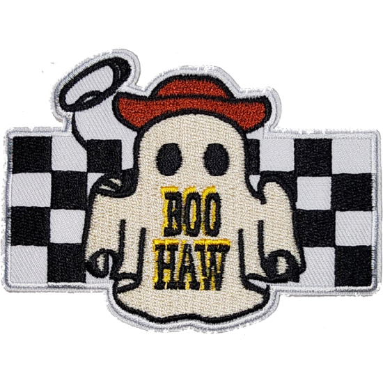 White Black Checkered Outline Ghost with Text BOO HAW I/O