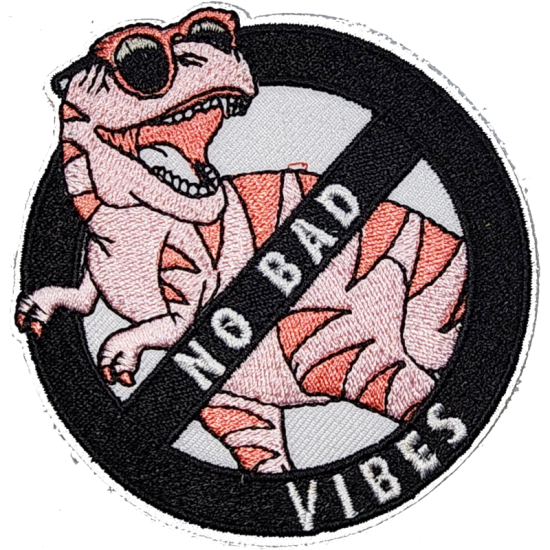 Pink White Black Outline Dinosaur with Text NO BAD VIBES I/O