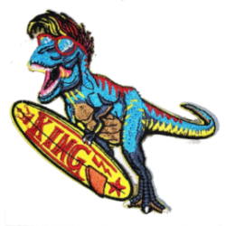 Blue Red Yellow Orange Brown Black Outline Dinosaur with Surfboard Text KING I/O