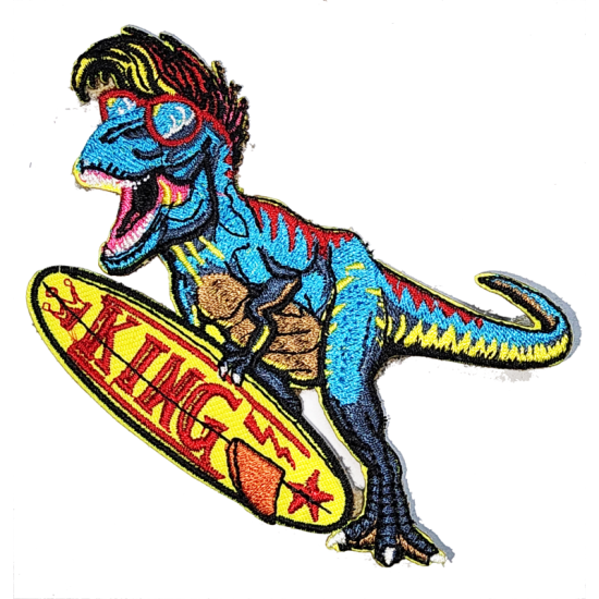Blue Red Yellow Orange Brown Black Outline Dinosaur with Surfboard Text KING I/O