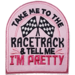Pink Black White Outline Flag with Text Take Me To The Racetrack & Tell Me Im Pretty I/O