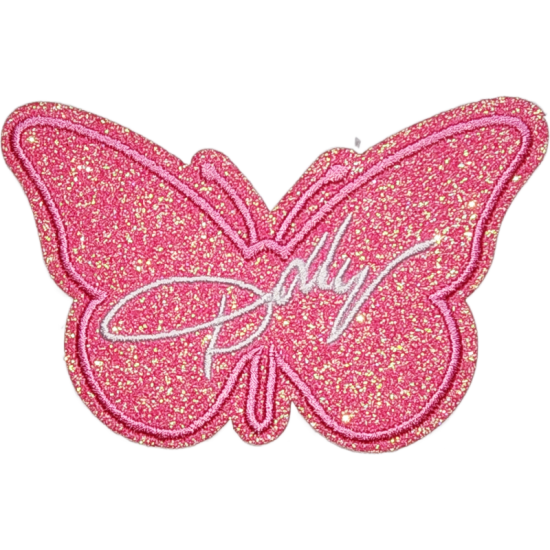 Pink Glitter White Text Butterfly with Signature I/O