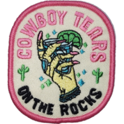 Beige Pink Green Blue Black Outline Hand with Text COWBOY TEARS and ON THE ROCKS I/O