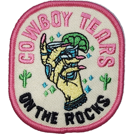Beige Pink Green Blue Black Outline Hand with Text COWBOY TEARS and ON THE ROCKS I/O