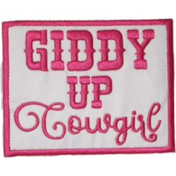 White Pink Outline Patch with Text Giddy Up Cowgirl I/O