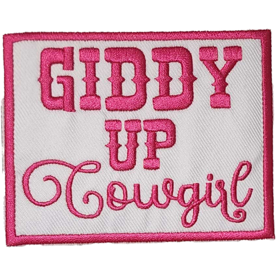 White Pink Outline Patch with Text Giddy Up Cowgirl I/O