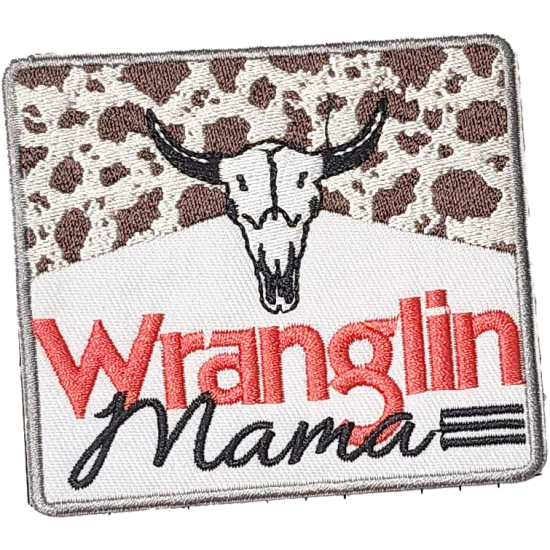 Beige Brown Black Gray White Red Outline Skull with Text Wranglin Mama I/O