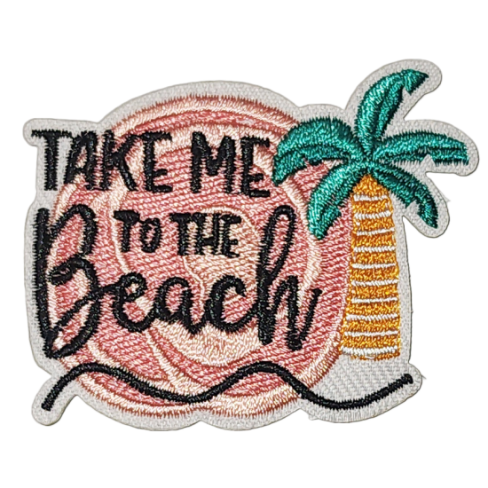 Peach Green Yellow Black Outline Palm Tree with Text TAKE ME TO THE BEACH I/O