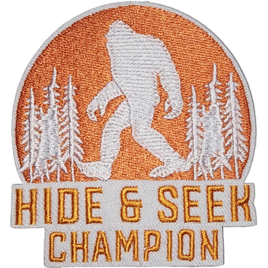Orange White Gray Outline Bigfoot with Text HIDE & SEEK CHAMPION I/O