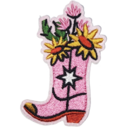 Pink Yellow Orange Black Outline Cowboy Boot with Flowers I/O