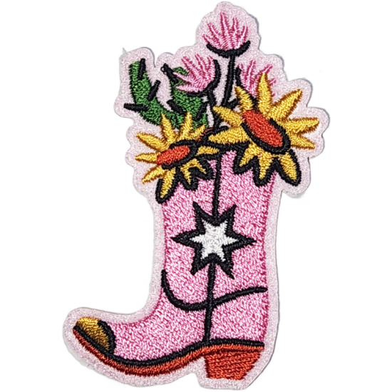 Pink Yellow Orange Black Outline Cowboy Boot with Flowers I/O