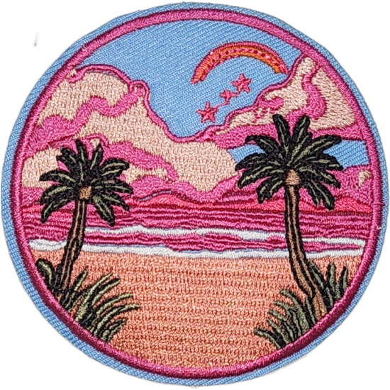 Blue Pink Orange Green Black Outline Sunset Scene with Palms I/O