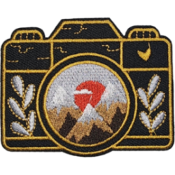 Black Gold Outline Camera with Mountains and Sun I/O