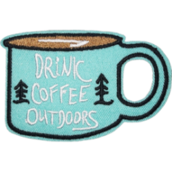 Aqua Brown White Black Outline Mug with Text DRINK COFFEE OUTDOORS I/O