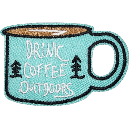 Aqua Brown White Black Outline Mug with Text DRINK COFFEE OUTDOORS I/O