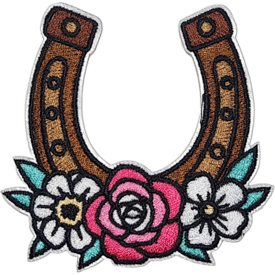 Brown Pink White Yellow Green Outline Horseshoe with Flowers I/O