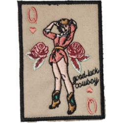 Beige Pink Red Green Blue Black Outline Cowgirl with Text good luck cowboy I/O