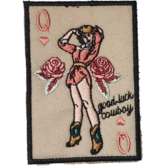 Beige Pink Red Green Blue Black Outline Cowgirl with Text good luck cowboy I/O