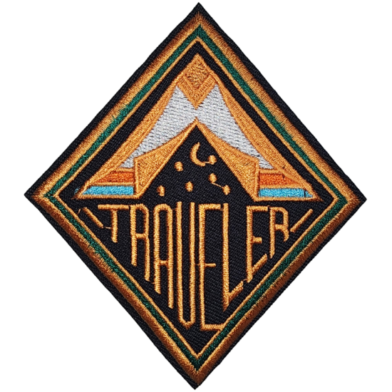 Orange Brown Green Blue White Black Outline Traveler with Mountains I/O